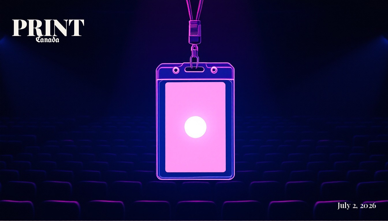 A blank conference lanyard badge holding a small glowing orb like a captured soul, against a dark auditorium of empty seats.